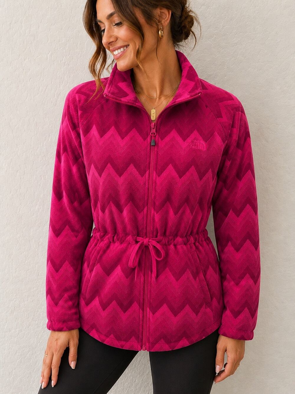 THE NORTH FACE Pink Chevron Fleece Jacket Gorpcore Cozy Zip Up Outdoors Large